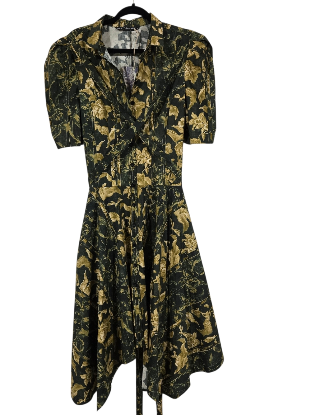 Vintage Inspired Asymmetrical Floral Amanda Dress Army Gold Half Sleeve NWT
